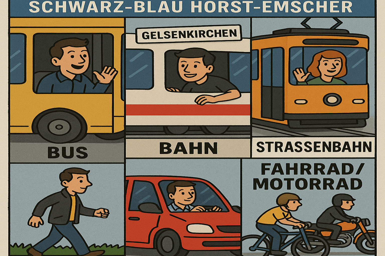 Anfahrt zu Schwarz-Blau Horst-Emscher - Verschiedene Transportmöglichkeiten: Bus, Bahn, Straßenbahn, Auto, Fahrrad und Motorrad nach Gelsenkirchen