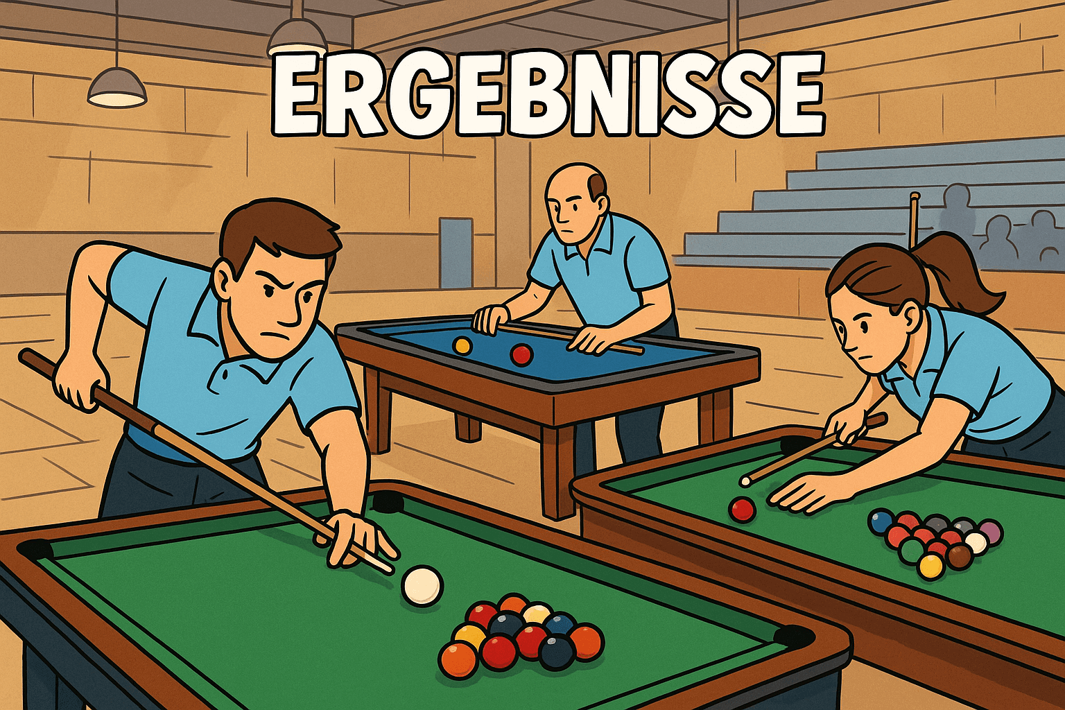 Ergebnisse - Aktuelle Spielergebnisse und Turnierergebnisse. Spieler in blauen Poloshirts beim Billardspiel in Wettkampfatmosphäre