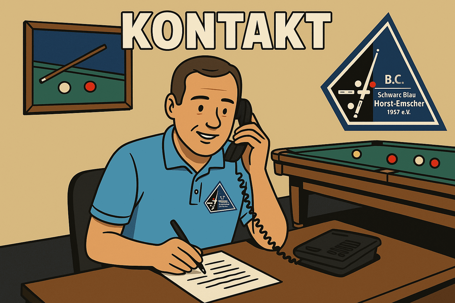 Kontakt - Mann in blauem Poloshirt telefoniert am Schreibtisch im Vereinsheim, Billardtische im Hintergrund