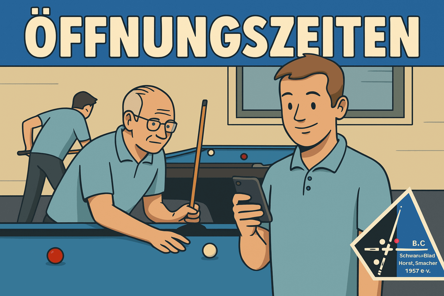 Öffnungszeiten - Vereinsmitglieder in blauen Poloshirts beim Billardspiel, zeigt die aktiven Zeiten im Vereinsheim