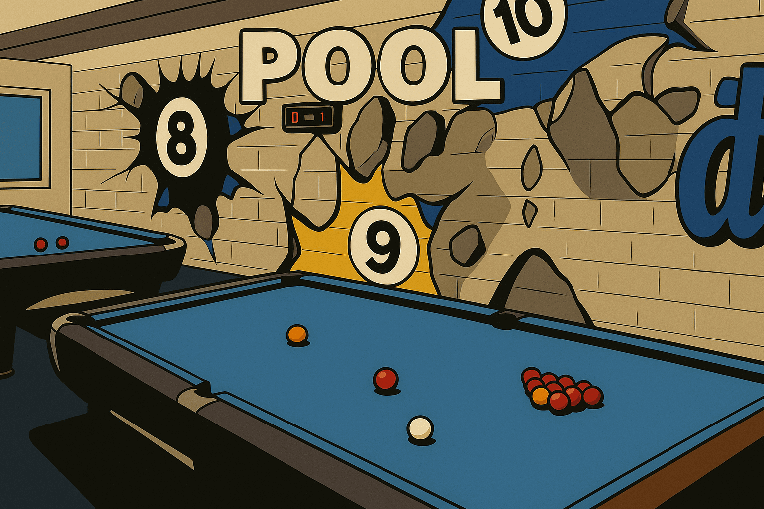 Poolbillard-Tische im Vereinsheim mit Graffiti-Wand