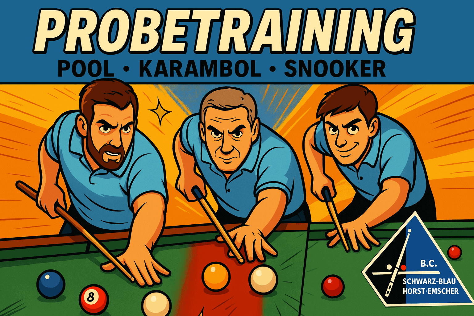Kostenloses Schnuppertraining für Pool, Karambol und Snooker.