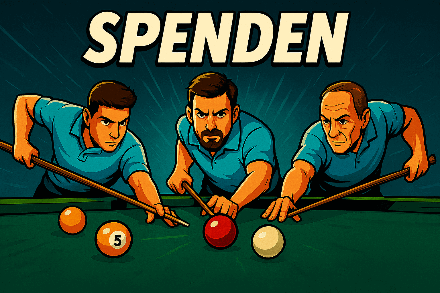 Spenden - Drei konzentrierte Vereinsmitglieder in blauen Poloshirts beim intensiven Billardspiel. Unterstützen Sie unseren Verein mit einer Spende