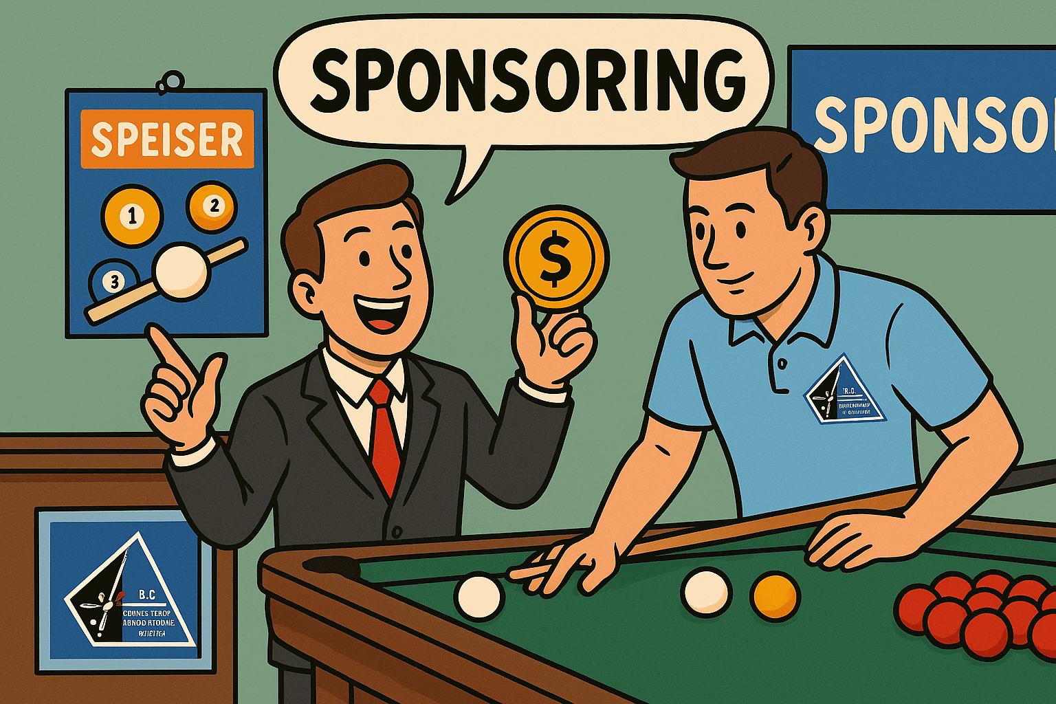 Sponsoring - Geschäftsmann mit Dollarmünze spricht mit Vereinsmitglied am Billardtisch. Sponsoring-Möglichkeiten für Unternehmen