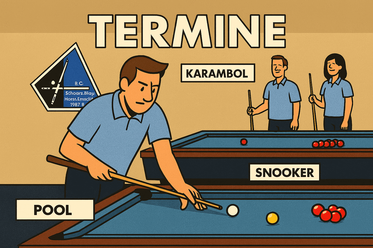 Termine - Spieltermine und Veranstaltungen. Mann spielt Pool mit Karambol und Snooker Bereichen im Hintergrund