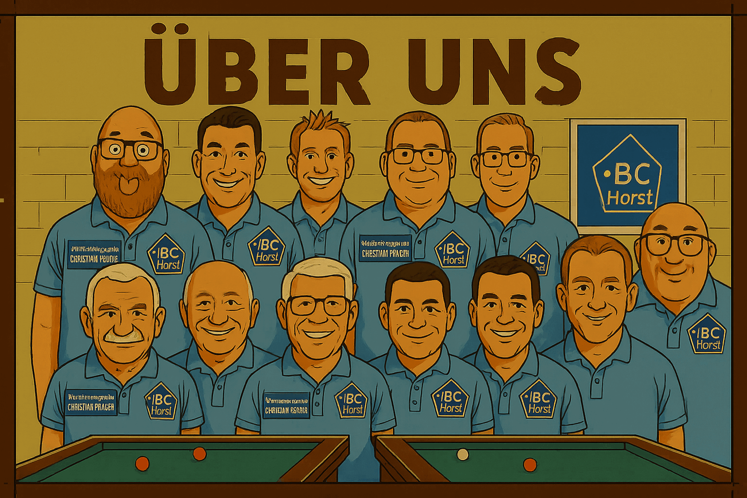 Über uns - Billard-Karambol, Snooker, Pool seit 1957 in Gelsenkirchen-Horst. Vereinsmitglieder in blauen Poloshirts im Clubraum