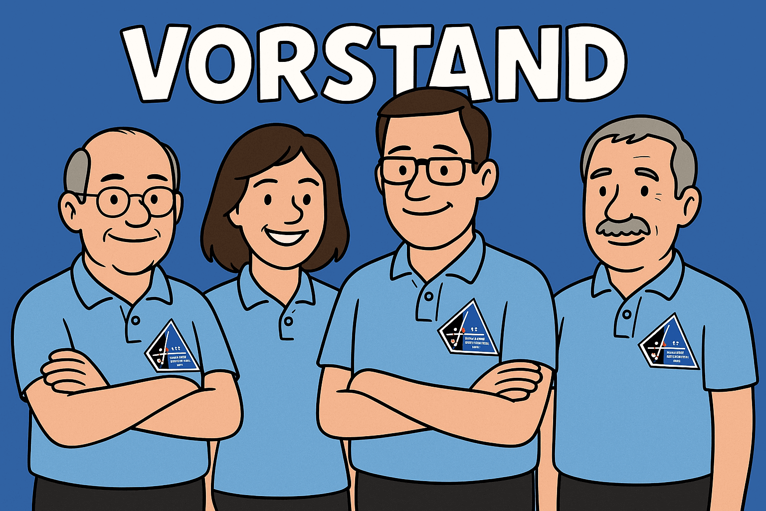 Vorstand - Vier Vorstandsmitglieder in blauen Poloshirts mit Vereinslogos vor blauem Hintergrund