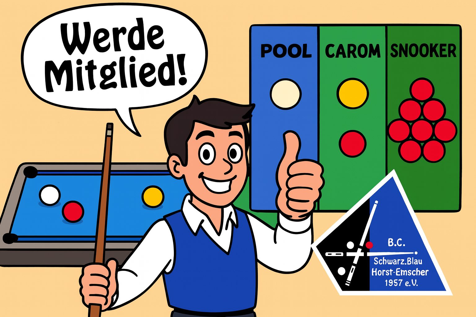 Werde Mitglied - Enthusiastischer junger Mann lädt ein, Mitglied zu werden. Pool, Carom und Snooker Panels im Hintergrund